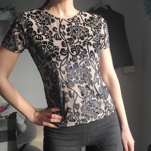 Vintage 90s 1990s Size Medium Floral Velvet Tan Black Short Sleeve made in USA